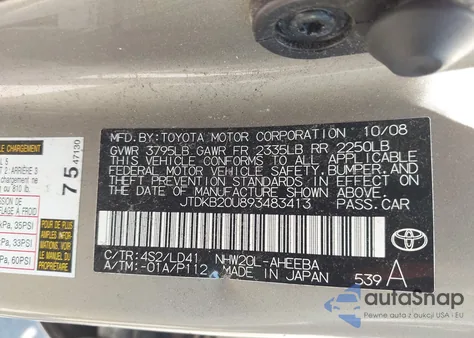 2009 Toyota Prius z USA, uszkodzony, nr VIN JTDKB20U893483413